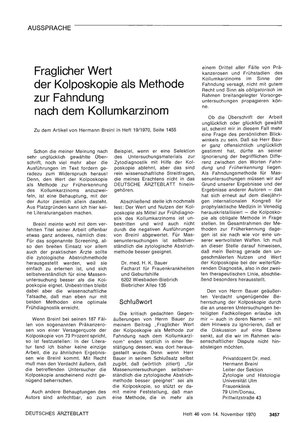 Vorschauseite 1: Fraglicher Wert der Kolposkopie als Methode zur Fahndung nach dem Kollumkarzinom