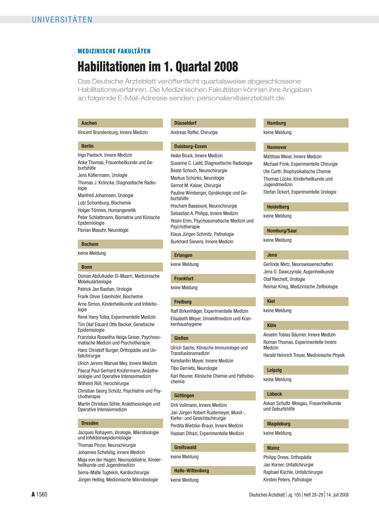 Vorschauseite 1: Medizinische Fakultäten: Habilitationen im 1. Quartal 2008