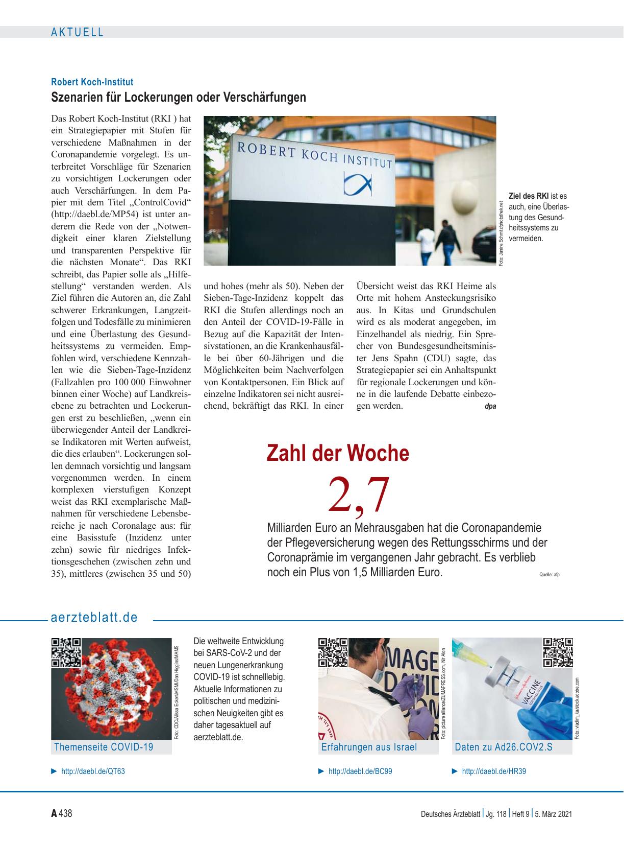 Vorschauseite 1: Robert Koch-Institut: Szenarien für Lockerungen oder Verschärfungen