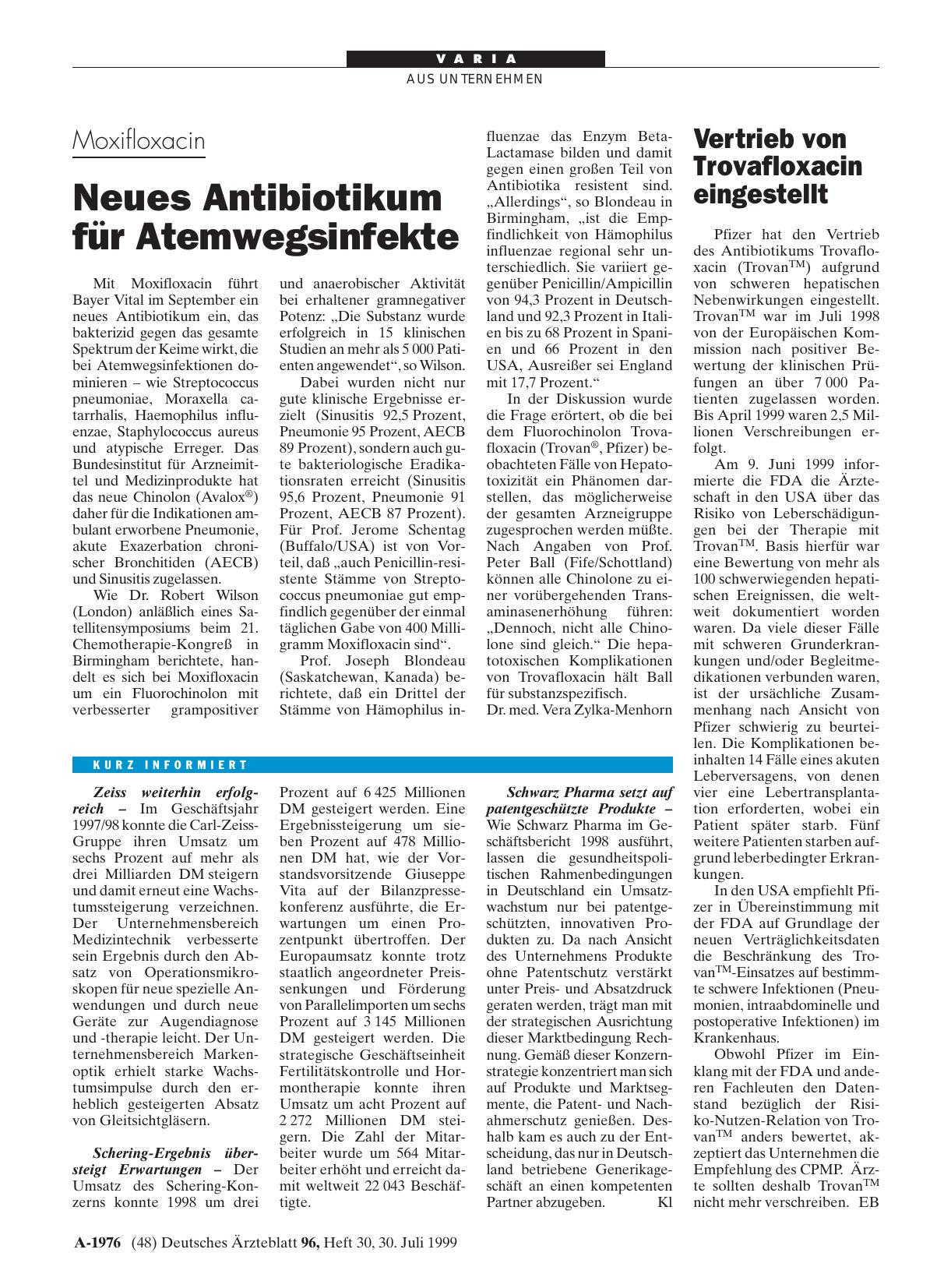 Vorschauseite 1: Vertrieb von Trovafloxacin eingestellt