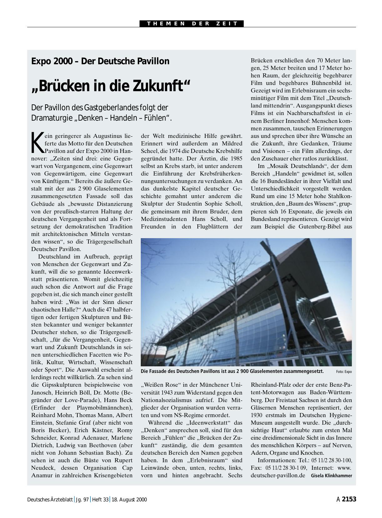 Vorschauseite 1: Expo 2000 – Der Deutsche Pavillon: „Brücken in die Zukunft“