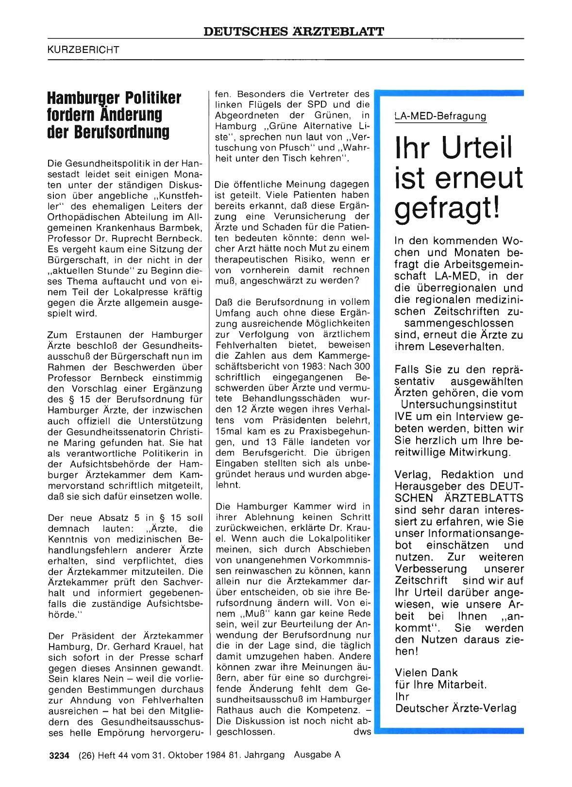 Vorschauseite 1: Hamburger Politiker fordern Änderung der Berufsordnung