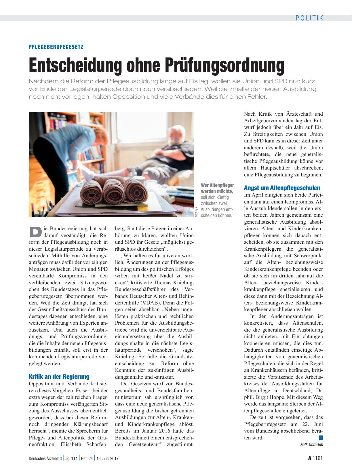 Vorschauseite 1: Pflegeberufegesetz: Entscheidung ohne Prüfungsordnung