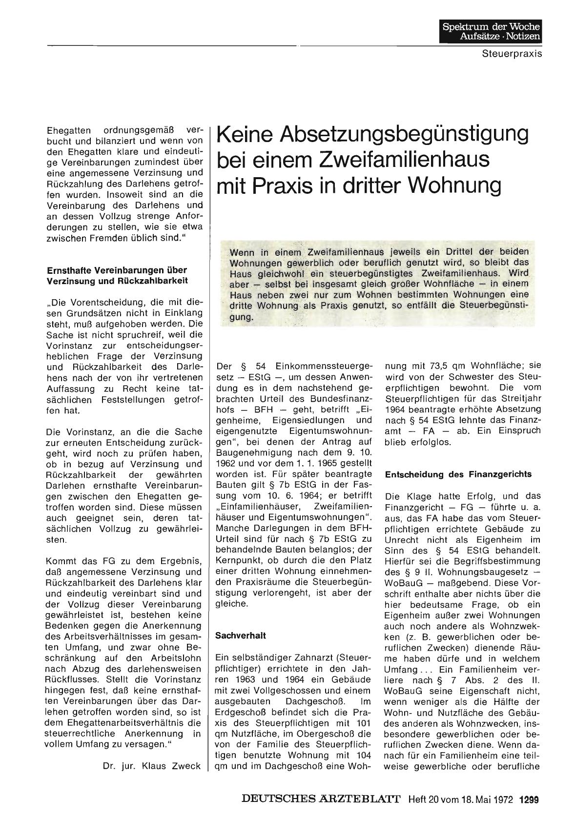 Vorschauseite 1: Keine Absetzungsbegünstigung bei einem Zweifamilienhaus mit Praxis in dritter Wohnung