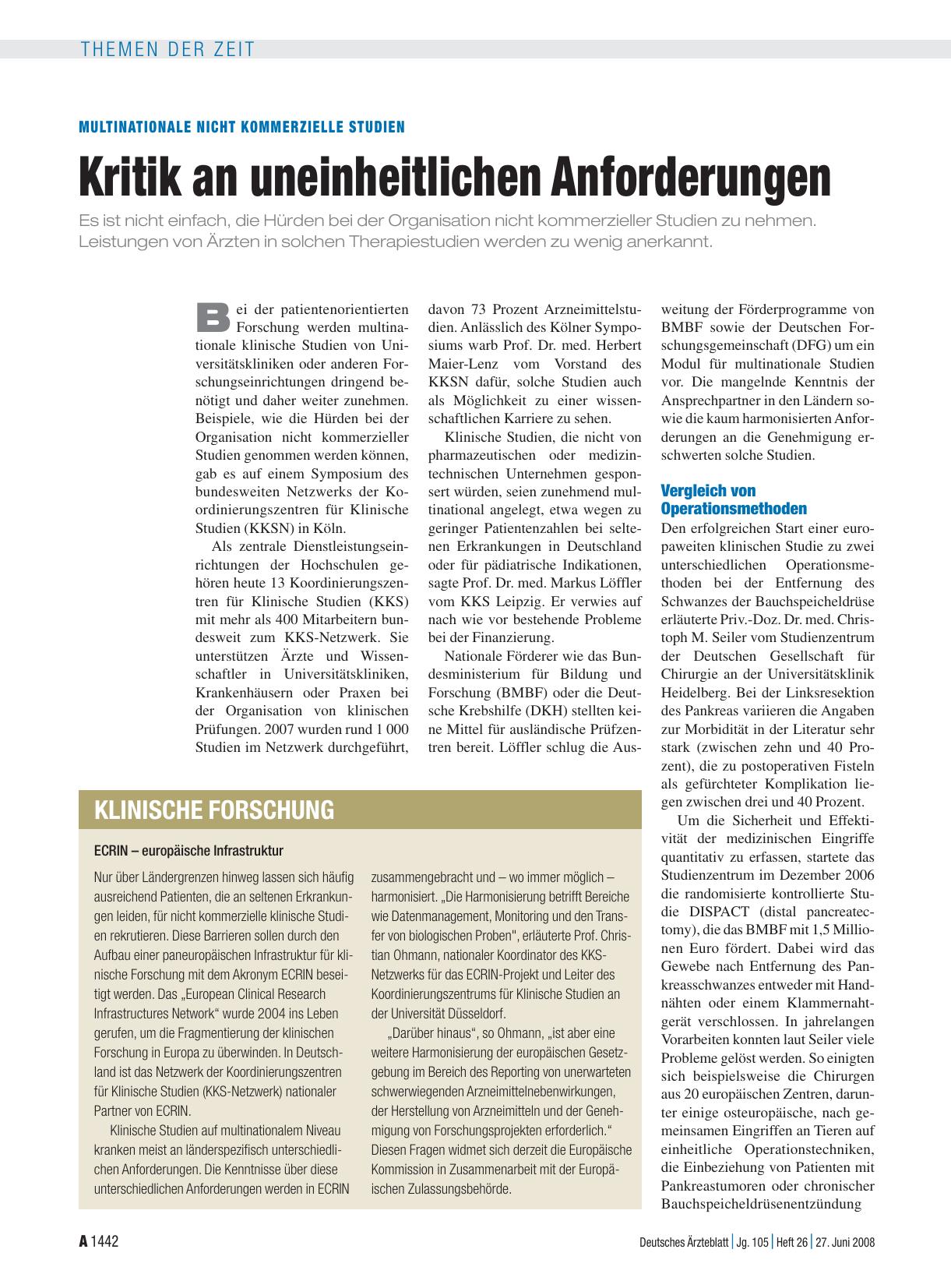 Vorschauseite 1: Multinationale Nicht kommerzielle Studien: Kritik an uneinheitlichen Anforderungen