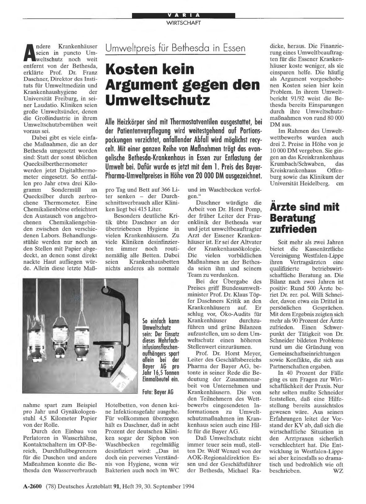 Vorschauseite 1: Umweltpreis für Bethesda in Essen: Kosten kein Argument gegen den Umweltschutz