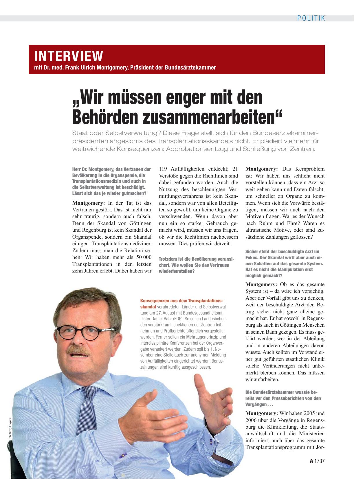 Vorschauseite 1: Interview mit Dr. med. Frank Ulrich Montgomery, Präsident der Bundesärztekammer: „Wir müssen enger mit den Behörden zusammenarbeiten“