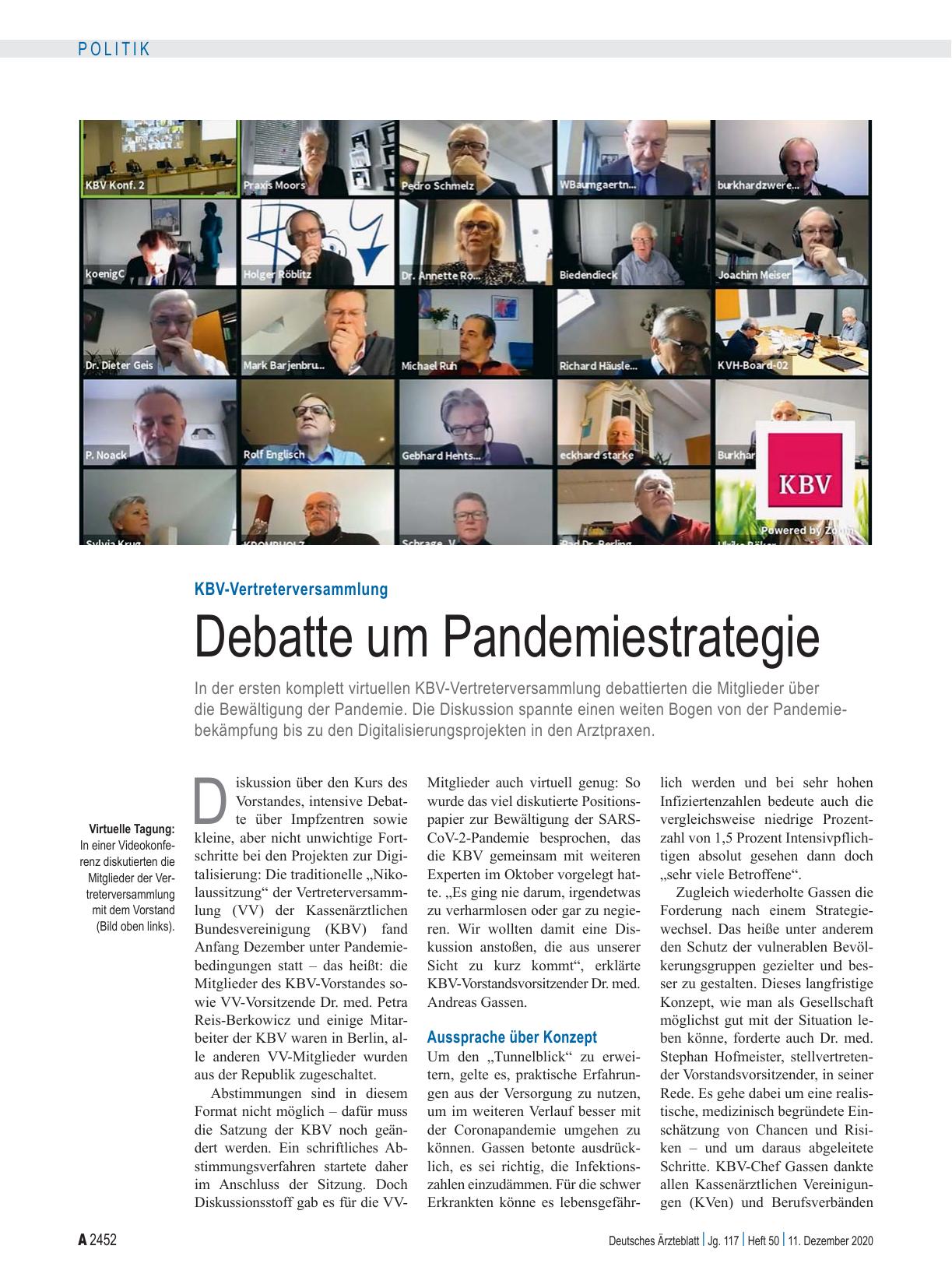 Vorschauseite 1: KBV-Vertreterversammlung: Debatte um Pandemiestrategie