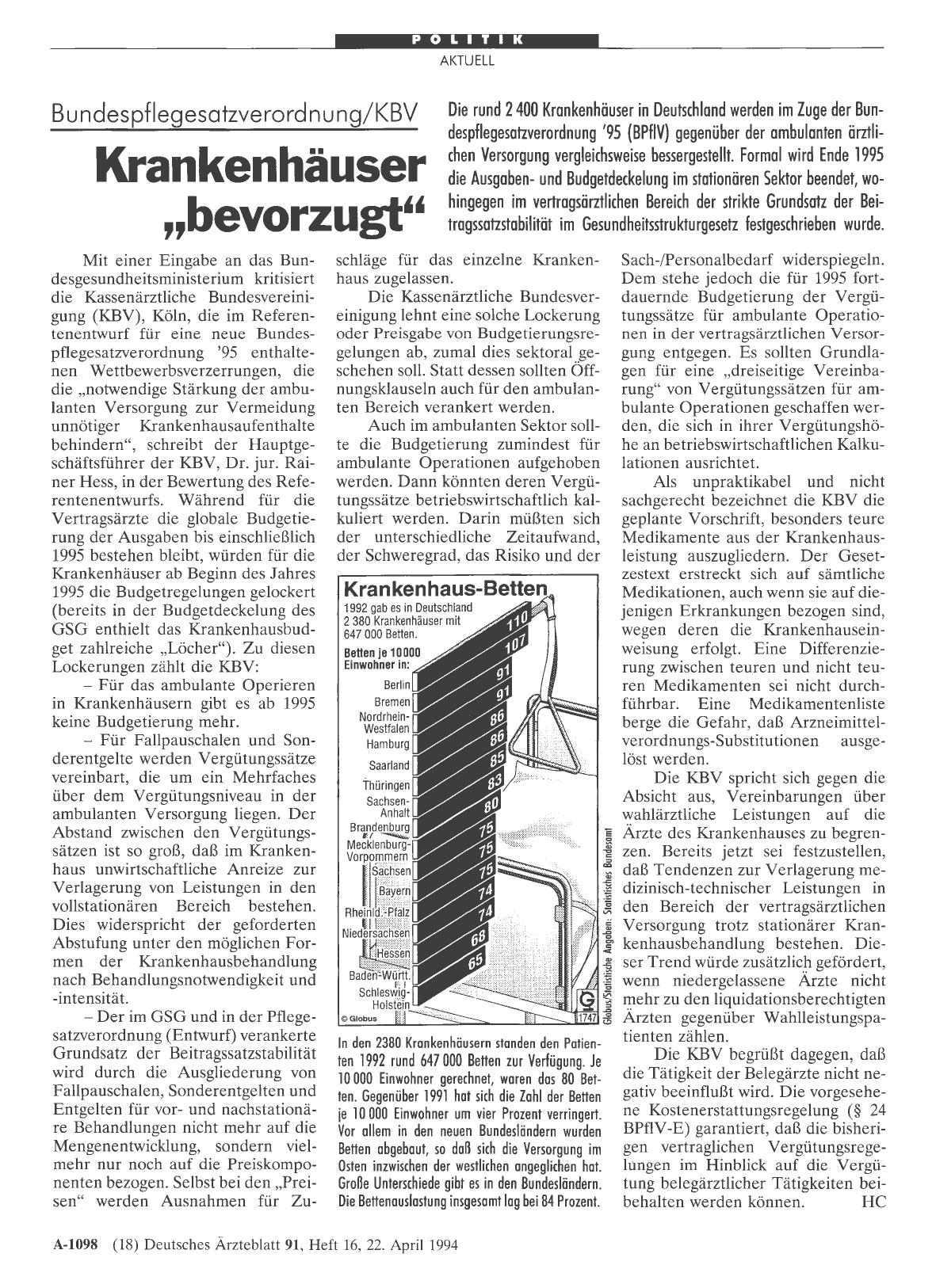 Vorschauseite 1: Bundespflegesatzverordnung/KBV: Krankenhäuser „bevorzugt“