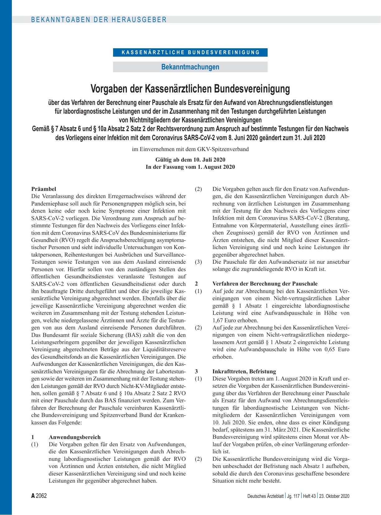 Vorschauseite 1: Vorgaben der Kassenärztlichen Bundesvereinigung über das Verfahren der Berechnung einer Pauschale als Ersatz für den Aufwand von Abrechnungsdienstleistungen für labordiagnostische…