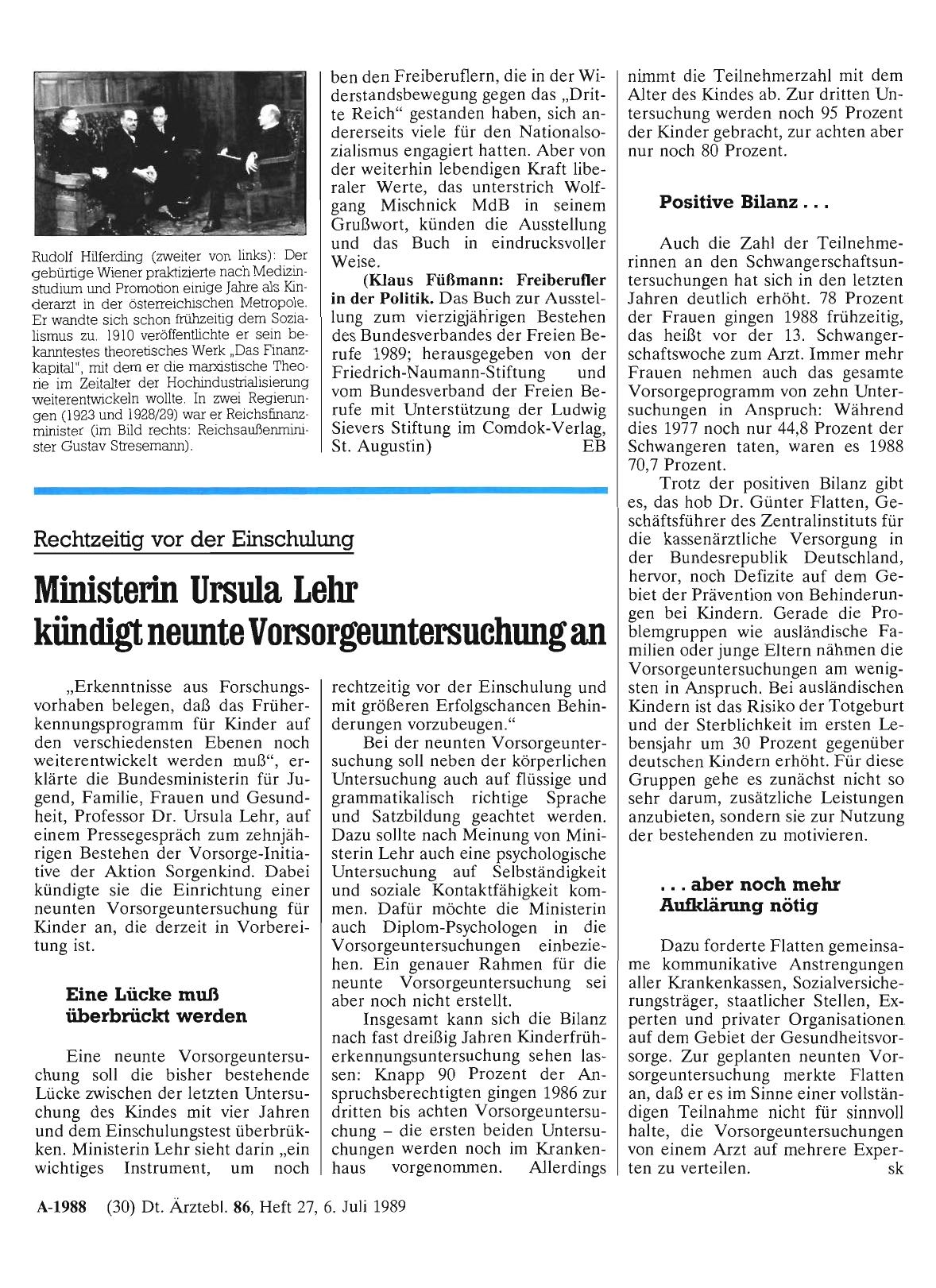 Vorschauseite 1: Rechtzeitig vor der Einschulung: Ministerin Ursula Lehr kündigt neunte Vorsorgeuntersuchung an