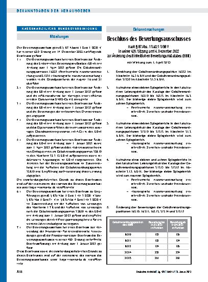 Vorschauseite 1: Beschluss des Bewertungsausschusses nach § 87 Abs. 1 Satz 1 SGB V in seiner 620. Sitzung am 14. Dezember 2022 zur Änderung des Einheitlichen Bewertungsmaßstabes (EBM)