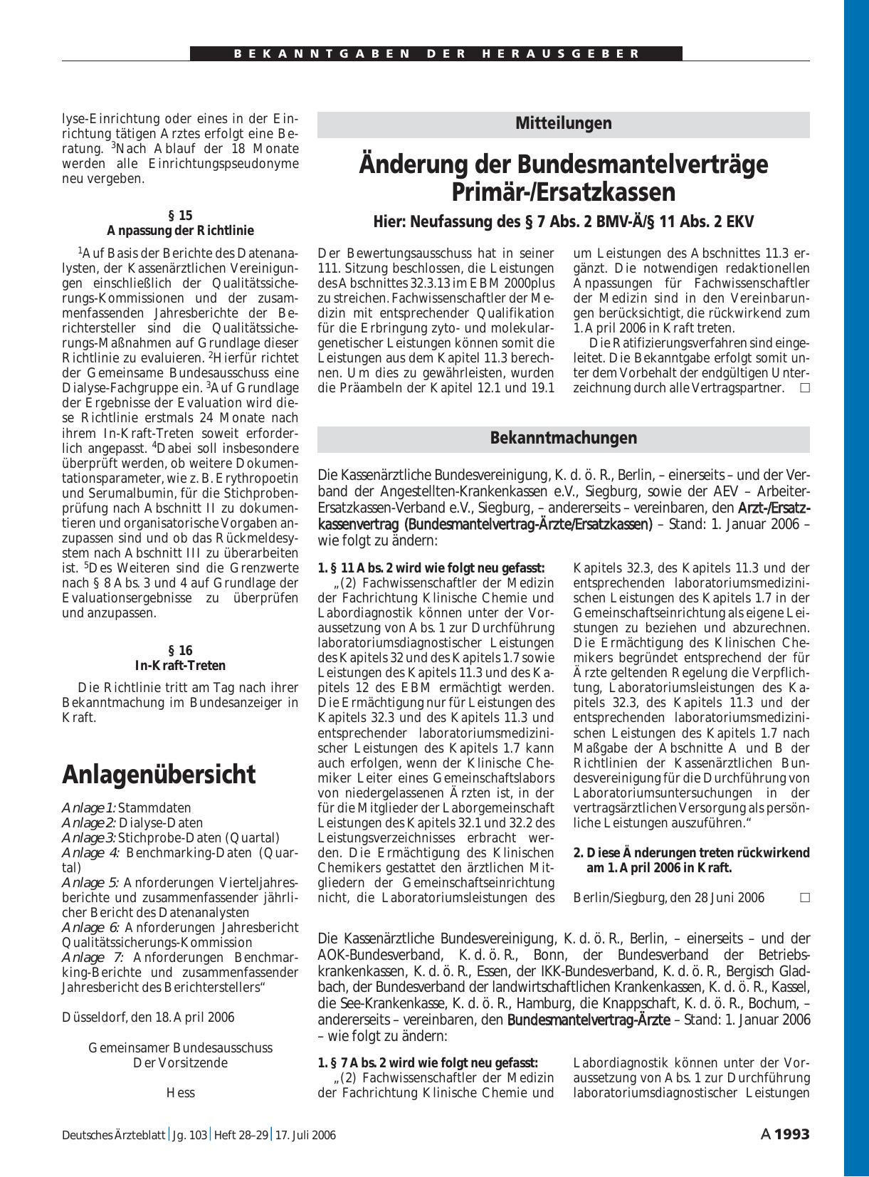Vorschauseite 1: Mitteilungen: Änderung der Bundesmantelverträge Primär-/Ersatzkassen. Hier: Neufassung des § 7 Abs. 2 BMV-Ä/§ 11 Abs. 2 EKV