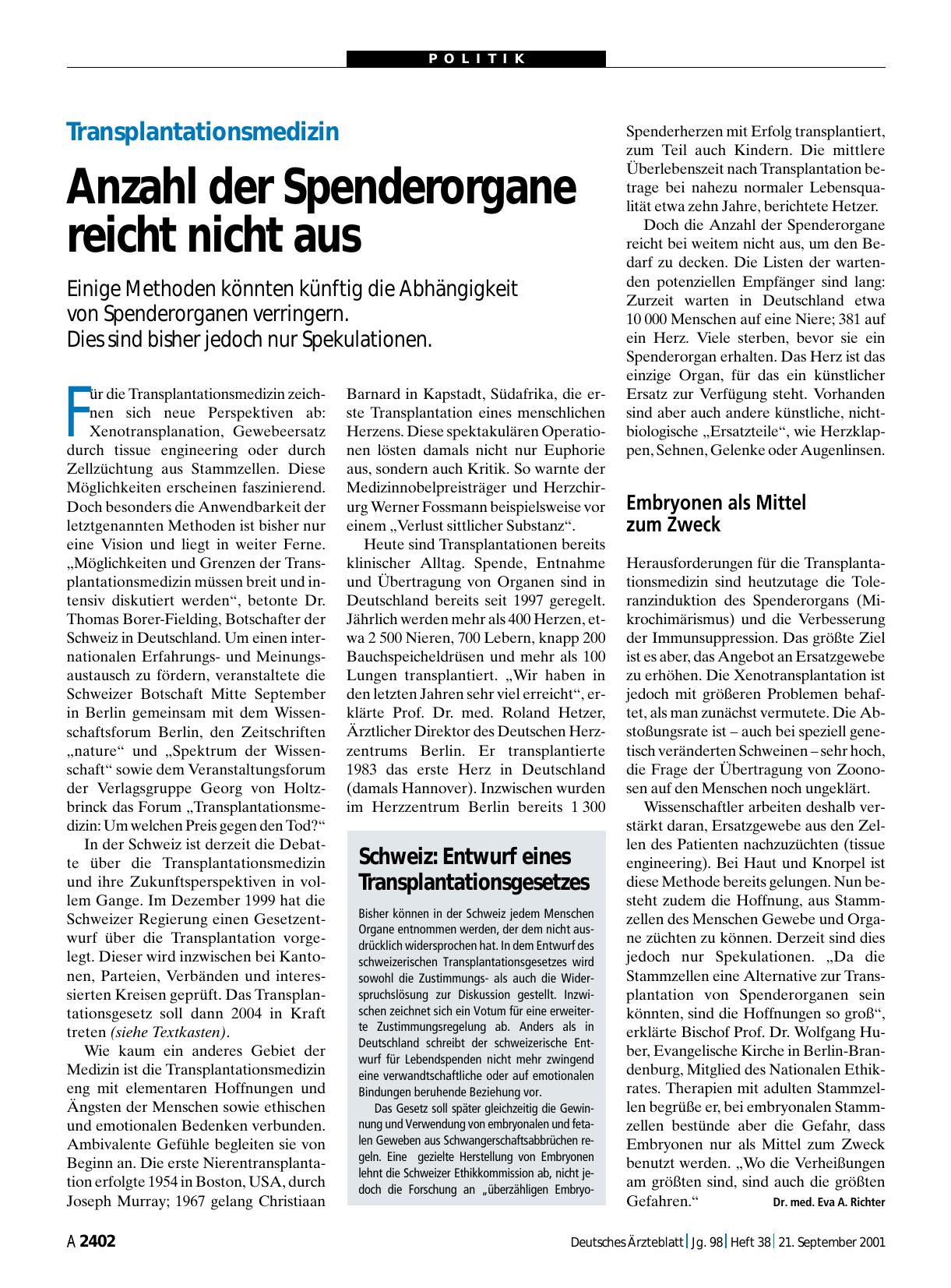 Vorschauseite 1: Transplantationsmedizin: Anzahl der Spenderorgane reicht nicht aus