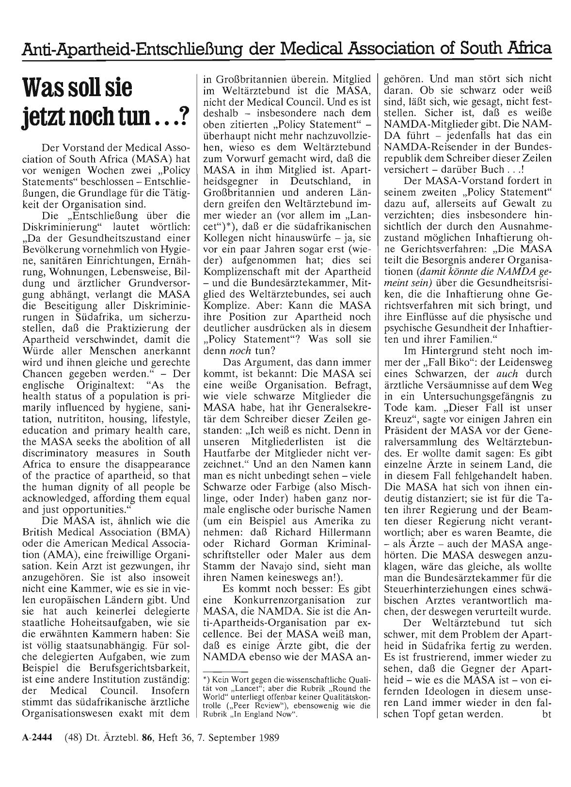 Vorschauseite 1: Anti-Apartheid-Entschließung der Medical Association of South Africa: Was soll sie jetzt noch tun. .. ?