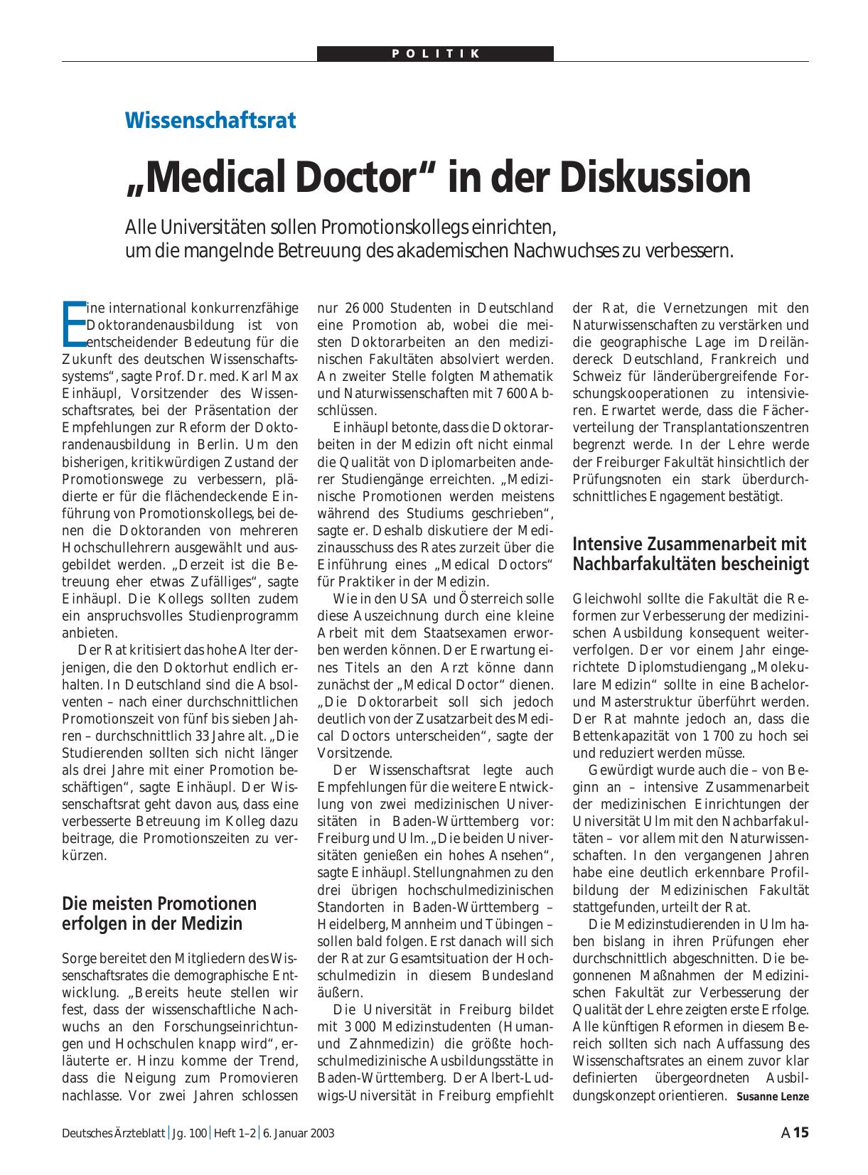 Vorschauseite 1: Wissenschaftsrat: „Medical Doctor“ in der Diskussion