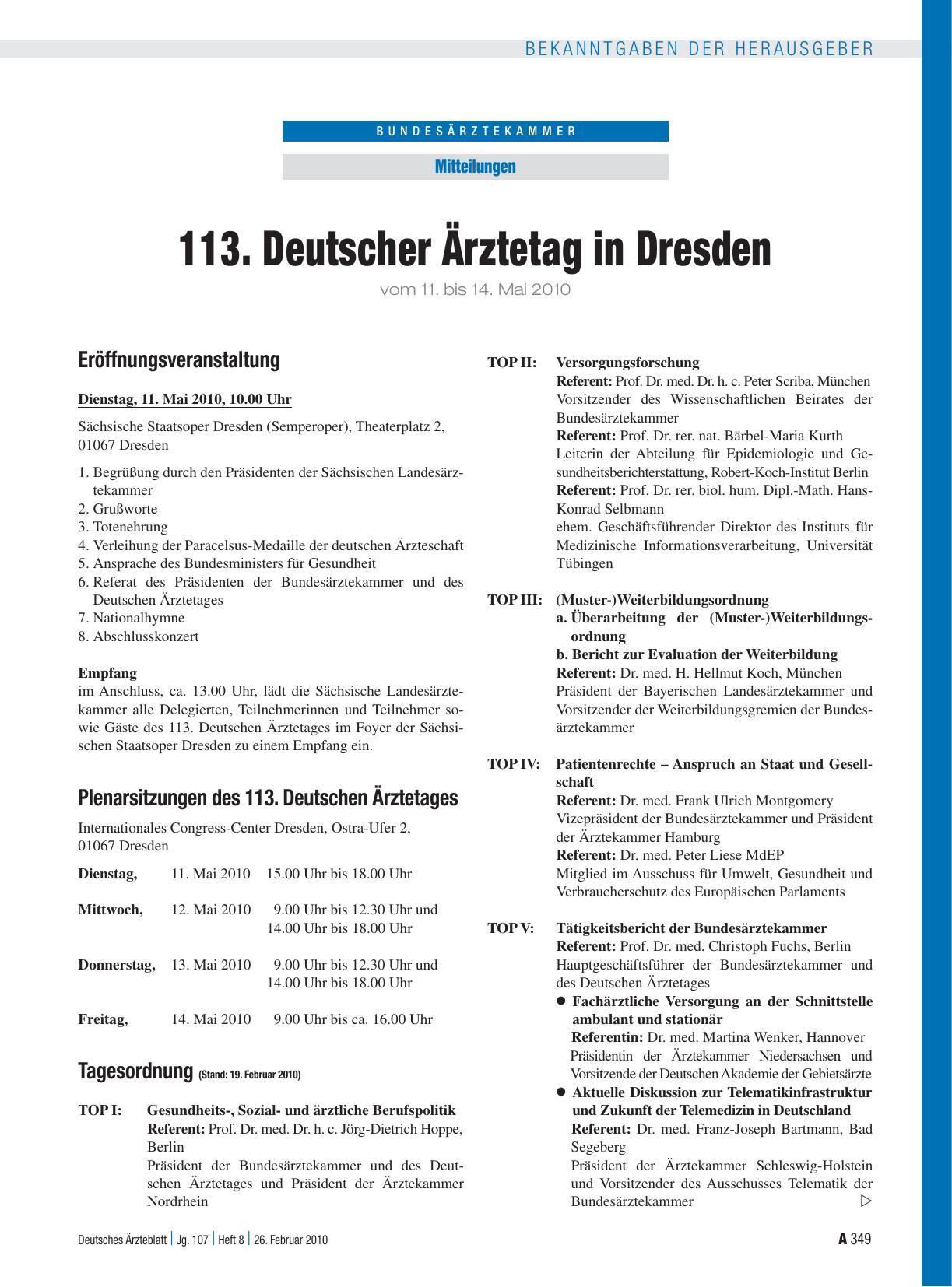 Vorschauseite 1: 113. Deutscher Ärztetag in Dresden vom 11. bis 14. Mai 2010: Eröffnungsveranstaltung