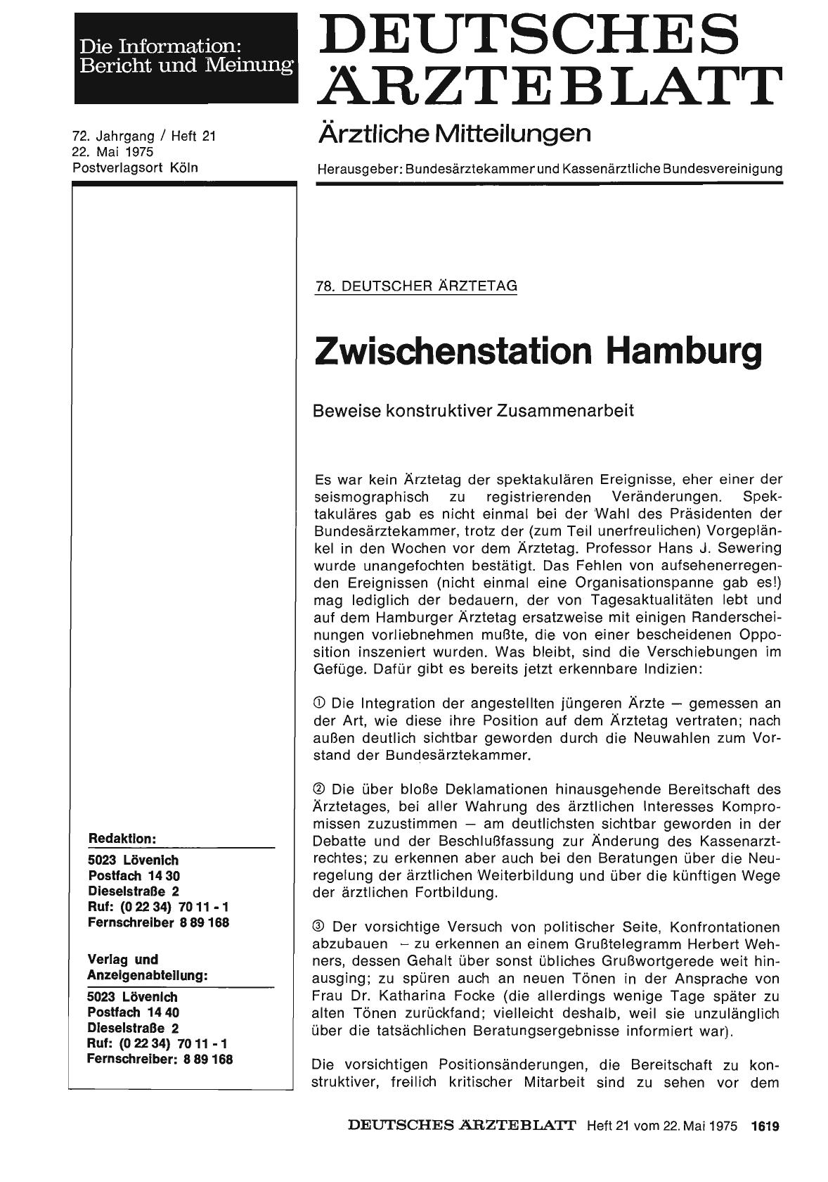 Vorschauseite 1: 78. DEUTSCHER ÄRZTETAG: Zwischenstation Hamburg — Beweise konstruktiver Zusammenarbeit