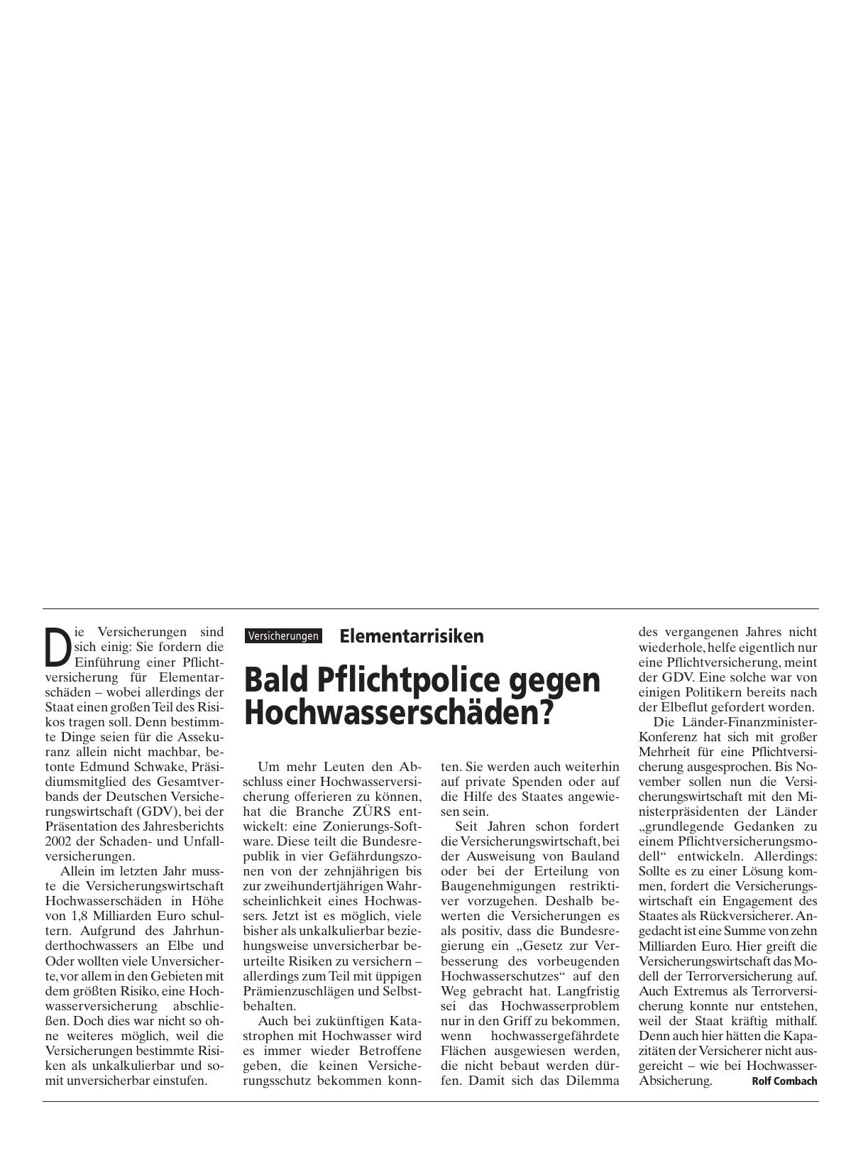 Vorschauseite 1: Elementarrisiken: Bald Pflichtpolice gegen Hochwasserschäden?