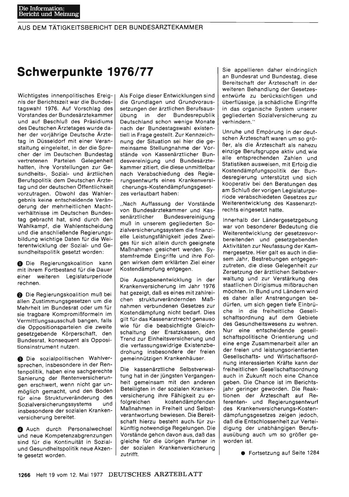 Vorschauseite 1: AUS DEM TÄTIGKEITSBERICHT DER BUNDESÄRZTEKAMMER: Schwerpunkte 1976/77 - Teil 1