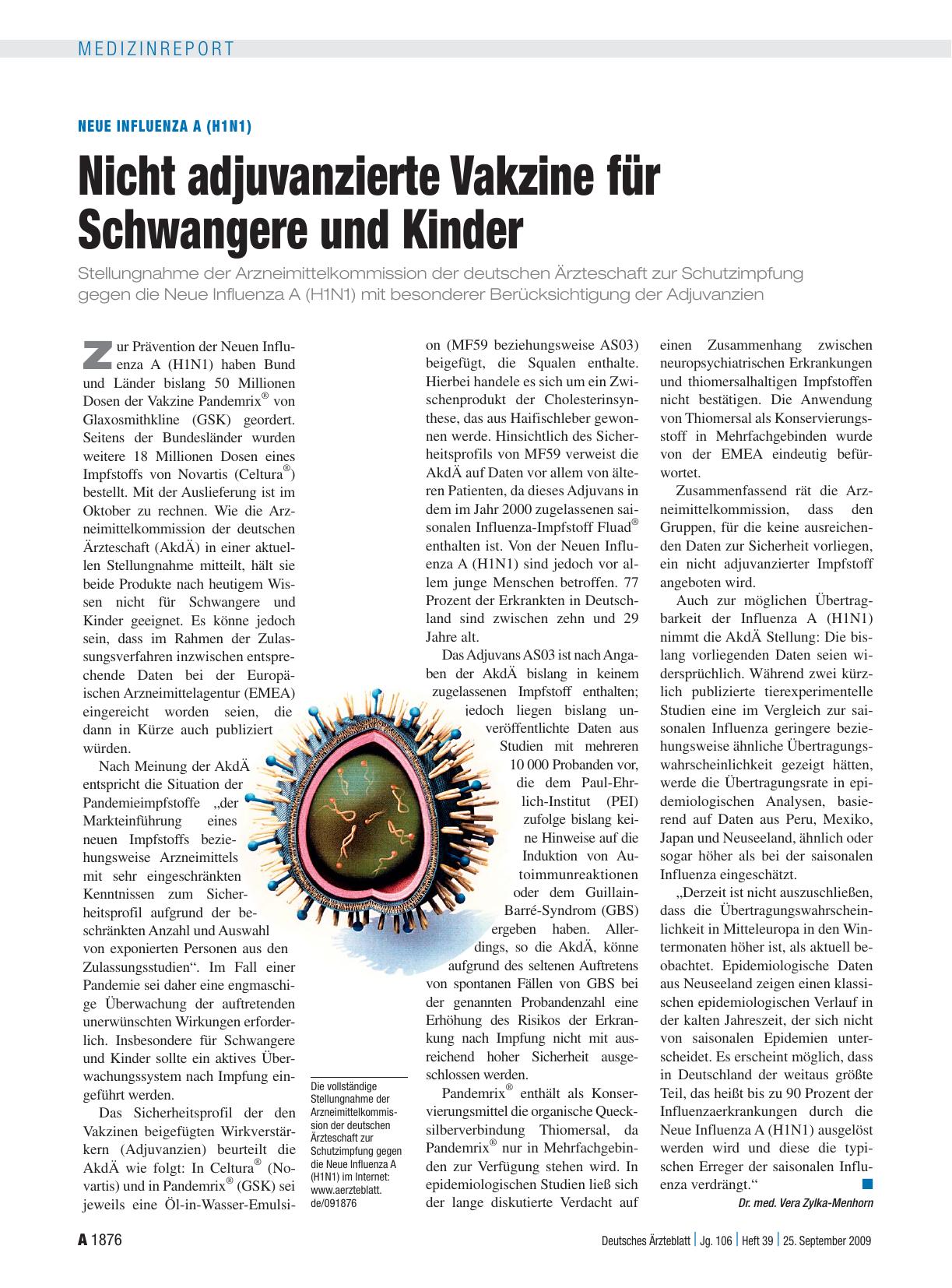 Vorschauseite 1: Neue Influenza A (H1N1): Nicht adjuvanzierte Vakzine für Schwangere und Kinder