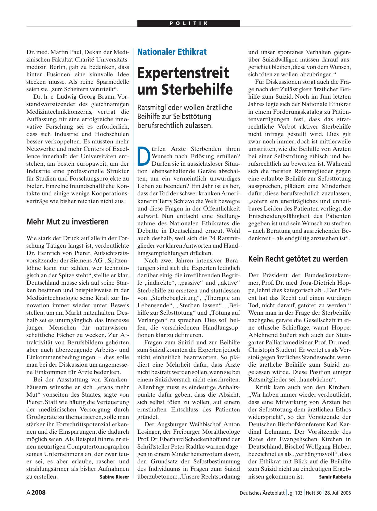 Vorschauseite 1: Nationaler Ethikrat: Expertenstreit um Sterbehilfe