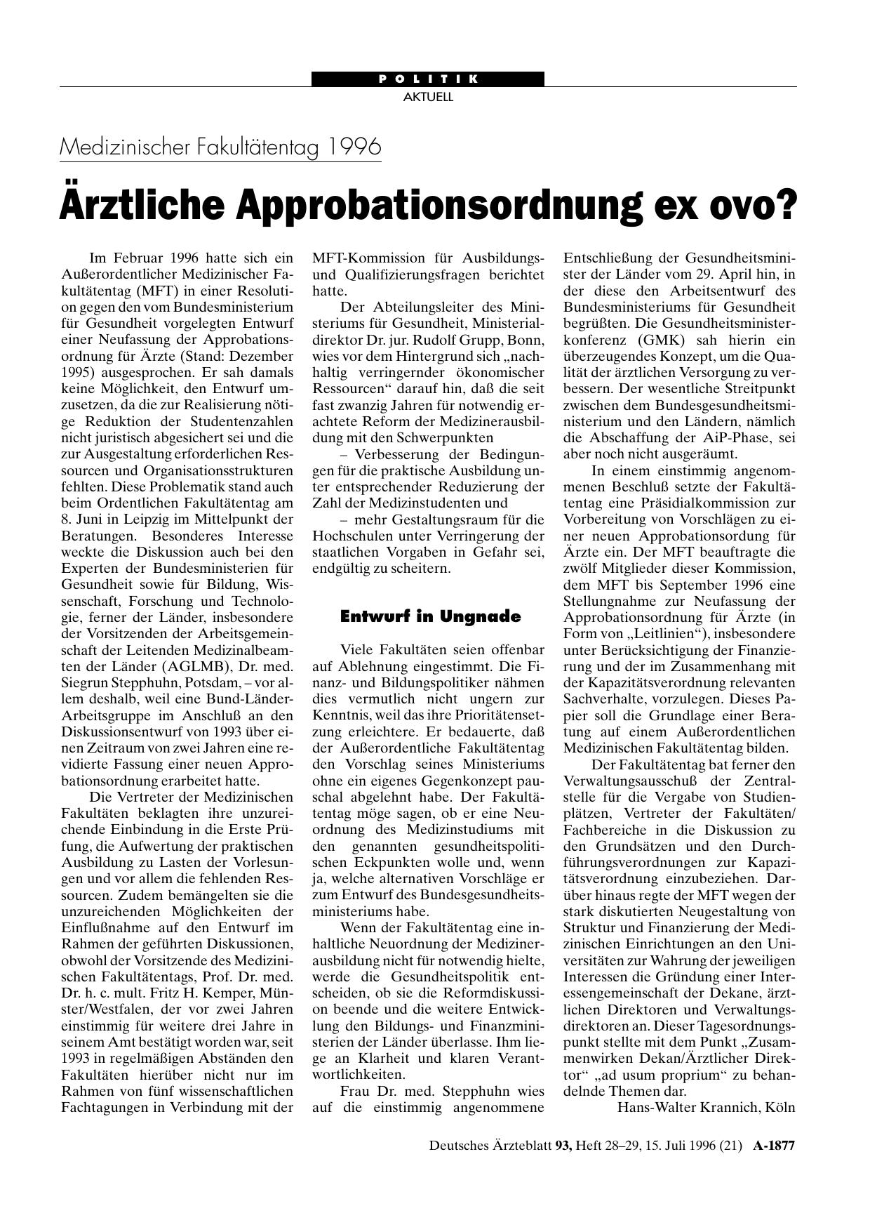 Vorschauseite 1: Medizinischer Fakultätentag 1996: Ärztliche Approbationsordnung ex ovo?
