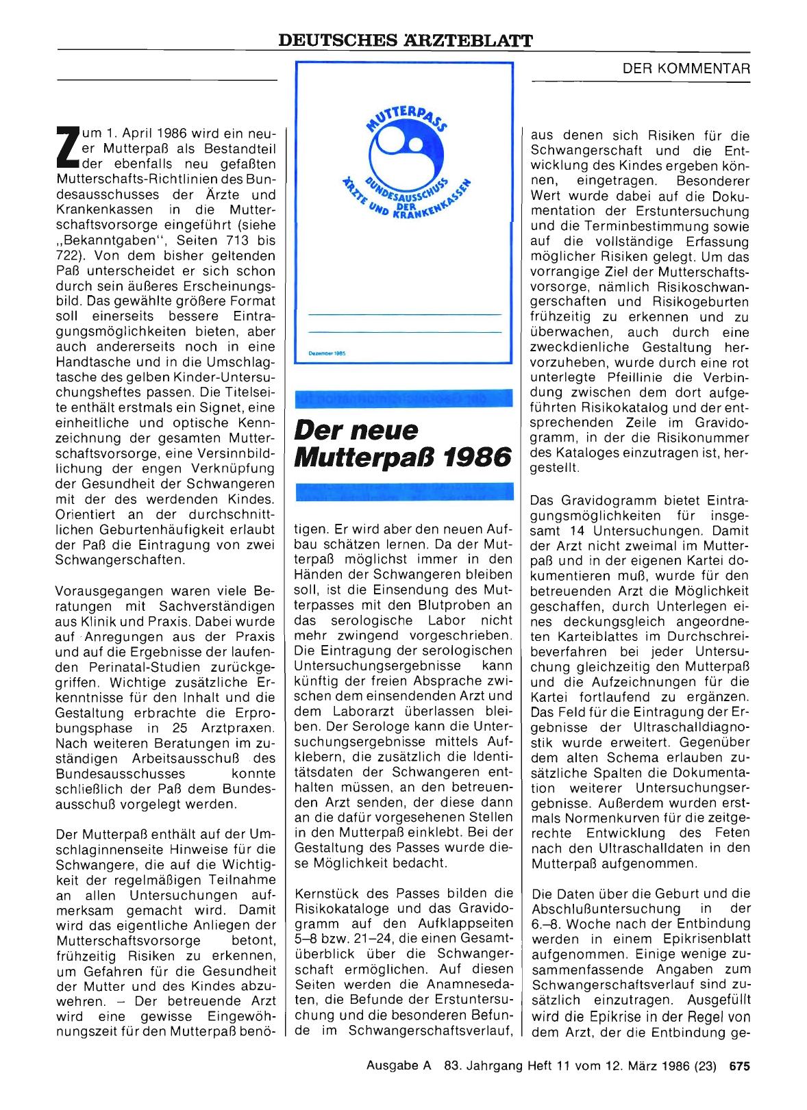 Vorschauseite 1: Der neue Mutterpaß 1986