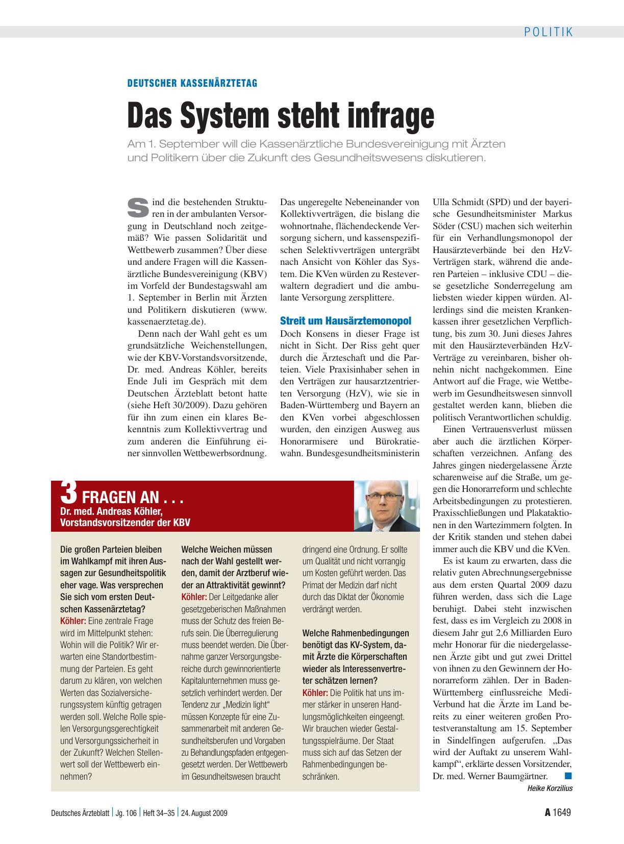 Vorschauseite 1: Deutscher Kassenärztetag: Das System steht infrage