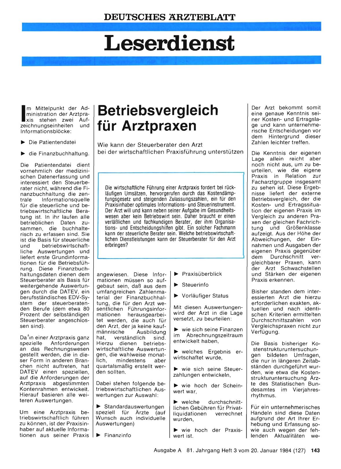 Vorschauseite 1: BetriebsvergIeich für Arztpraxen: Wie kann der Steuerberater den Arzt bei der wirtschaftlichen Praxisführung unterstützen