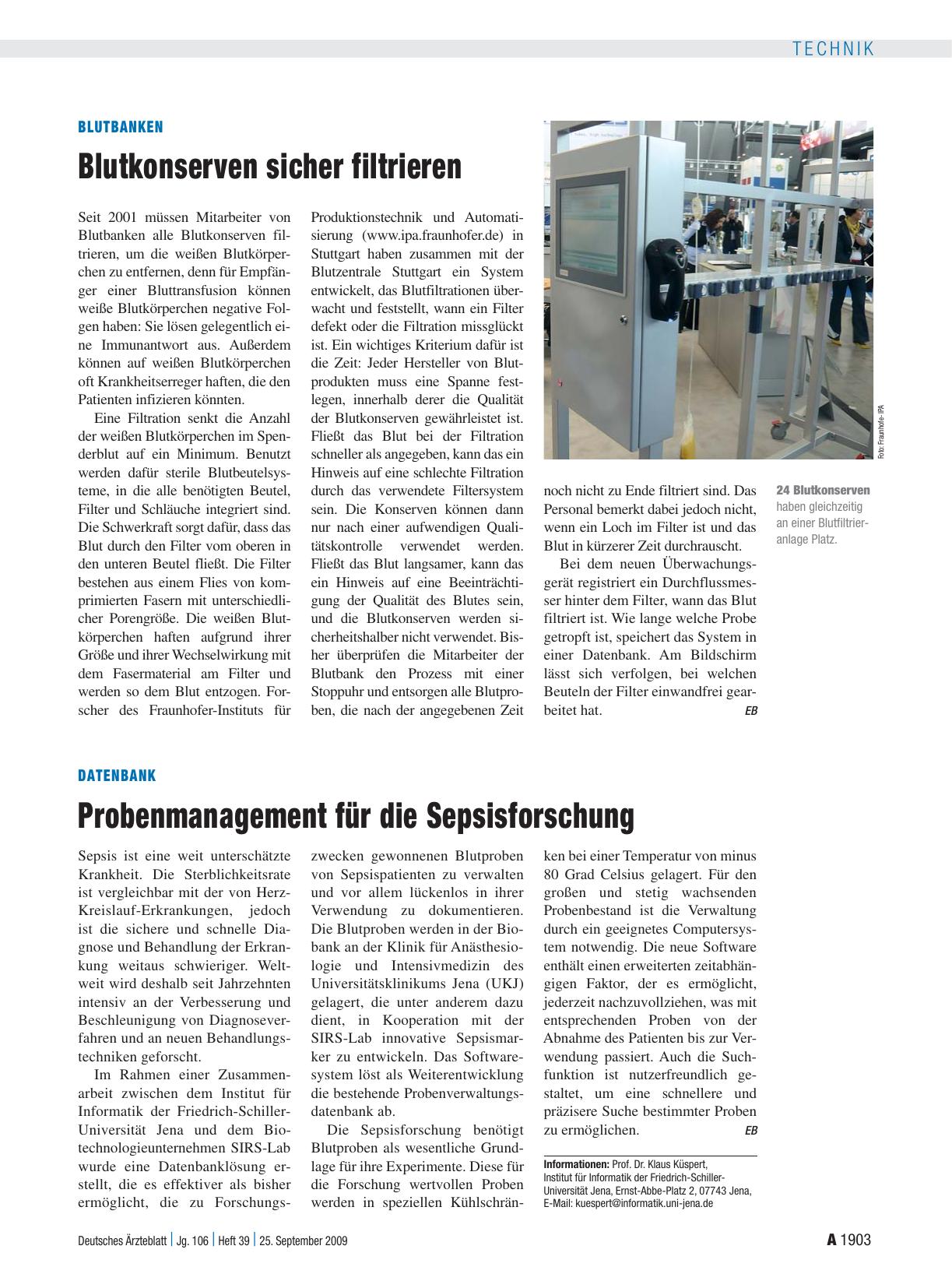 Vorschauseite 1: Blutbanken: Blutkonserven sicher filtrieren