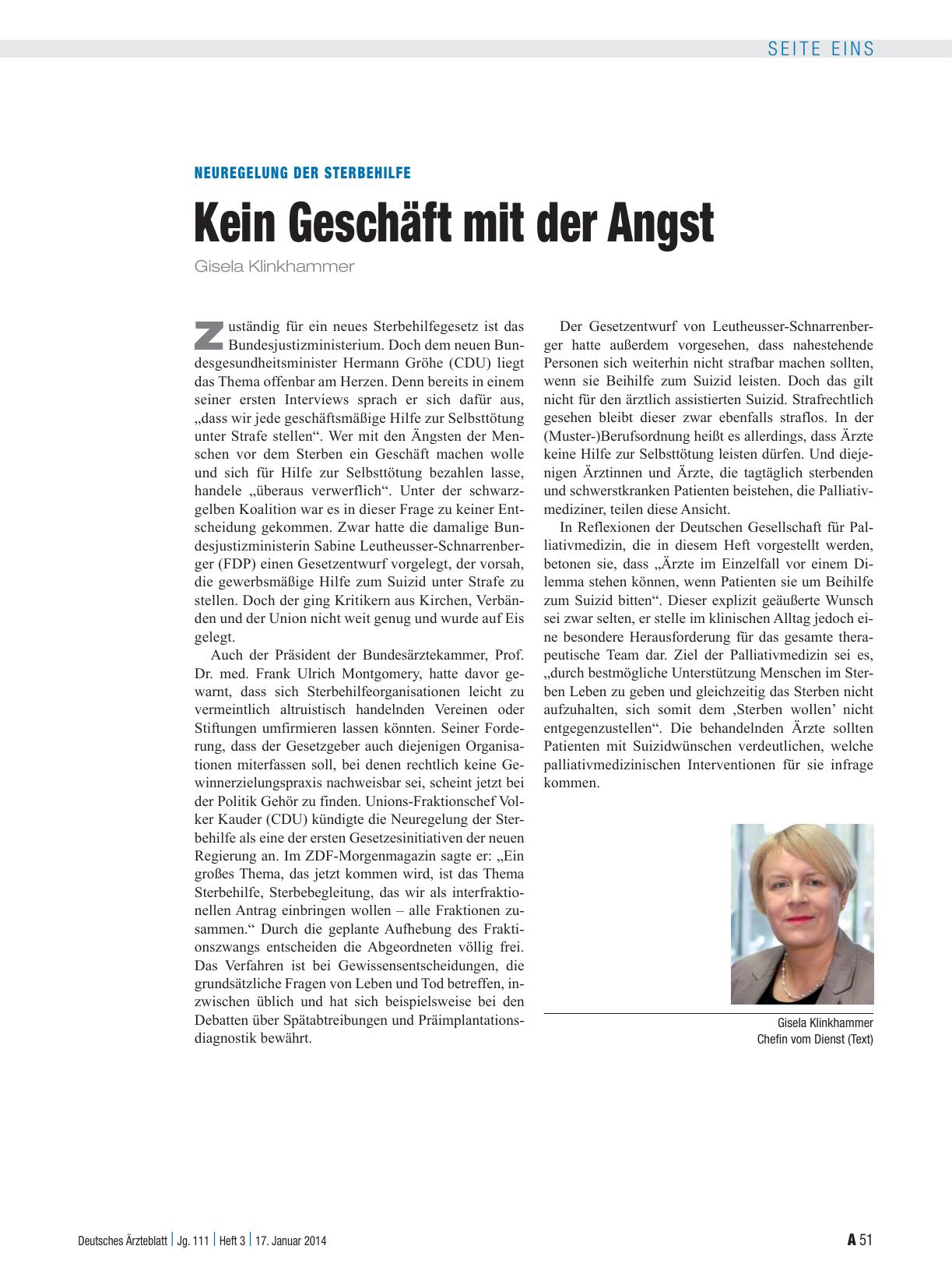 Vorschauseite 1: Neuregelung der Sterbehilfe: Kein Geschäft mit der Angst