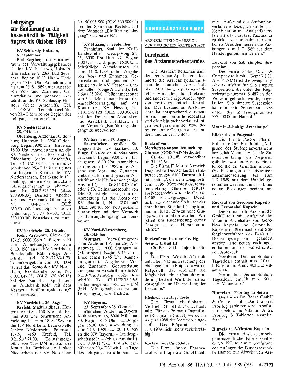 Vorschauseite 1: Lehrgänge zur Einführung in die kassenärztliche Tätigkeit August bis Oktober 1989