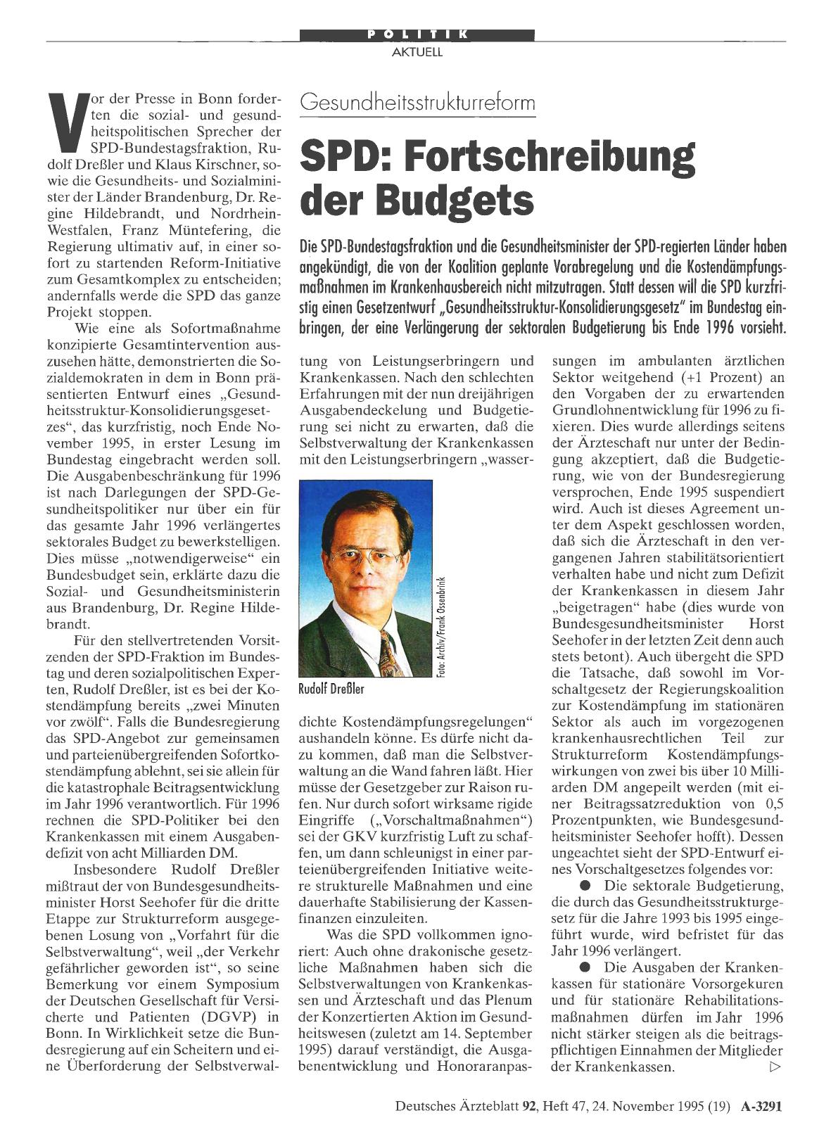 Vorschauseite 1: Gesundheitsstrukturreform: SPD: Fortschreibung der Budgets
