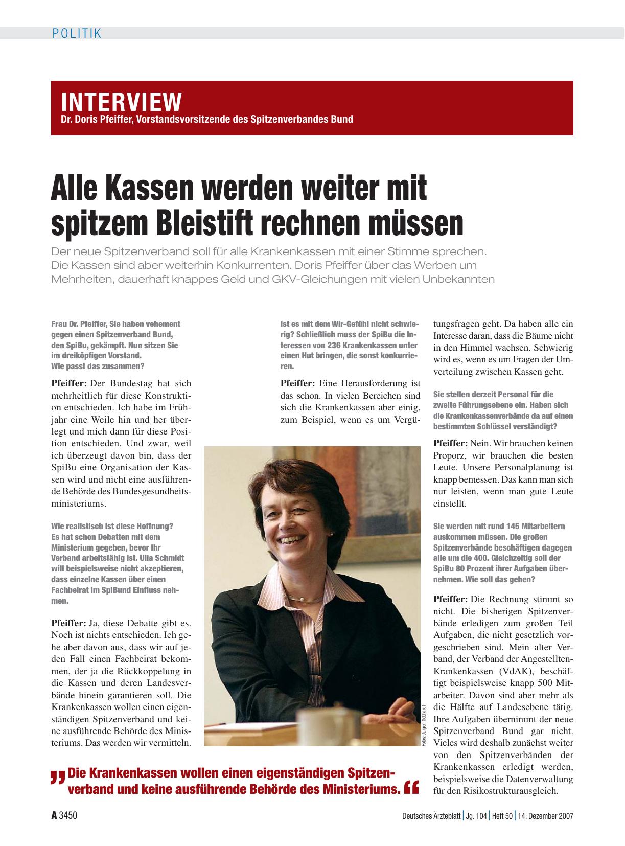 Vorschauseite 1: Dr. Doris Pfeiffer, Vorstandsvorsitzende des Spitzenverbandes Bund: Alle Kassen werden weiter mit spitzem Bleistift rechnen müssen