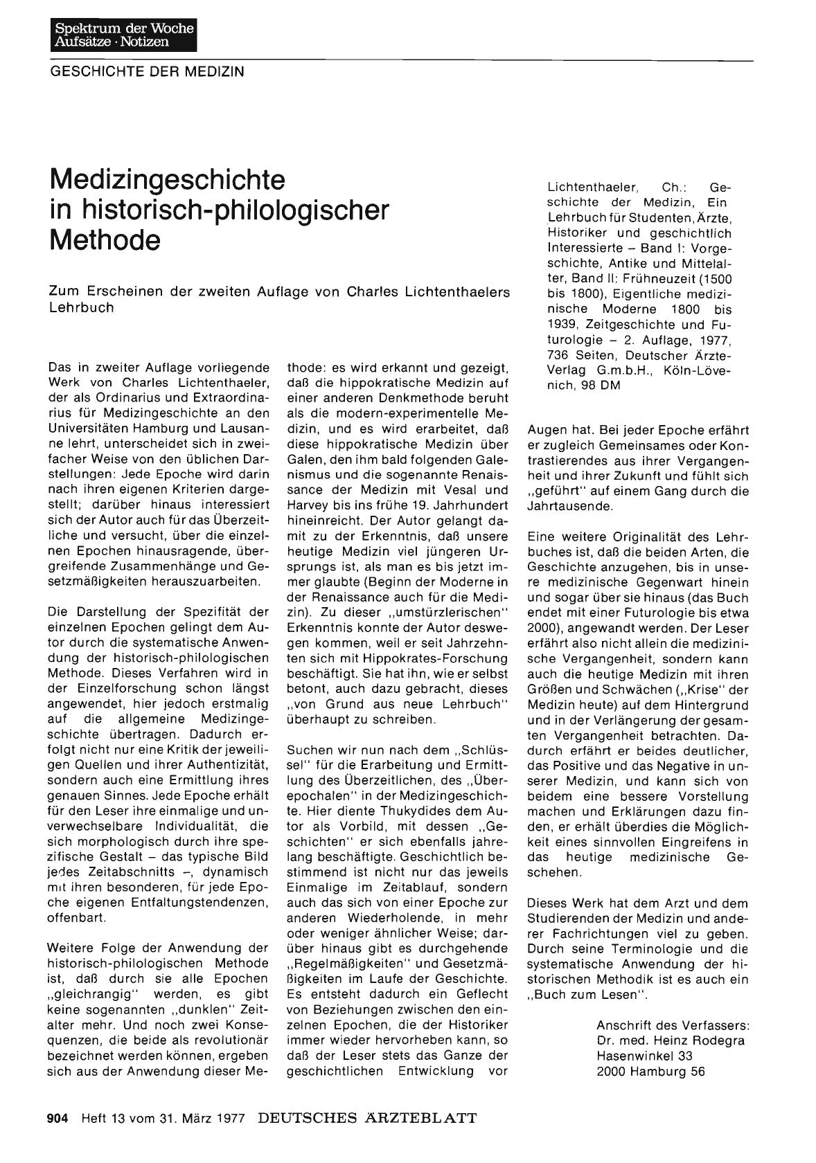 Vorschauseite 1: Medizingeschichte in historisch-philologischer Methode: Zum Erscheinen der zweiten Auflage von Charles Lichtenthaelers Lehrbuch