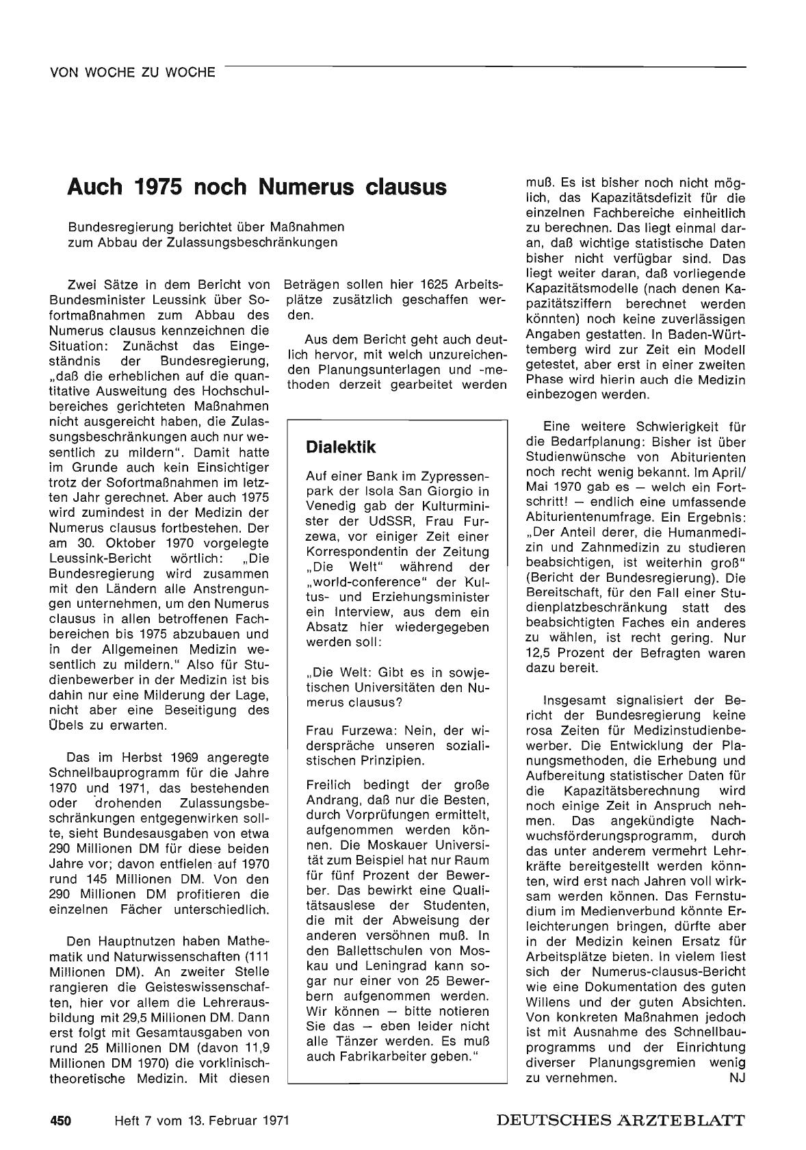 Vorschauseite 1: Auch 1975 noch Numerus clausus