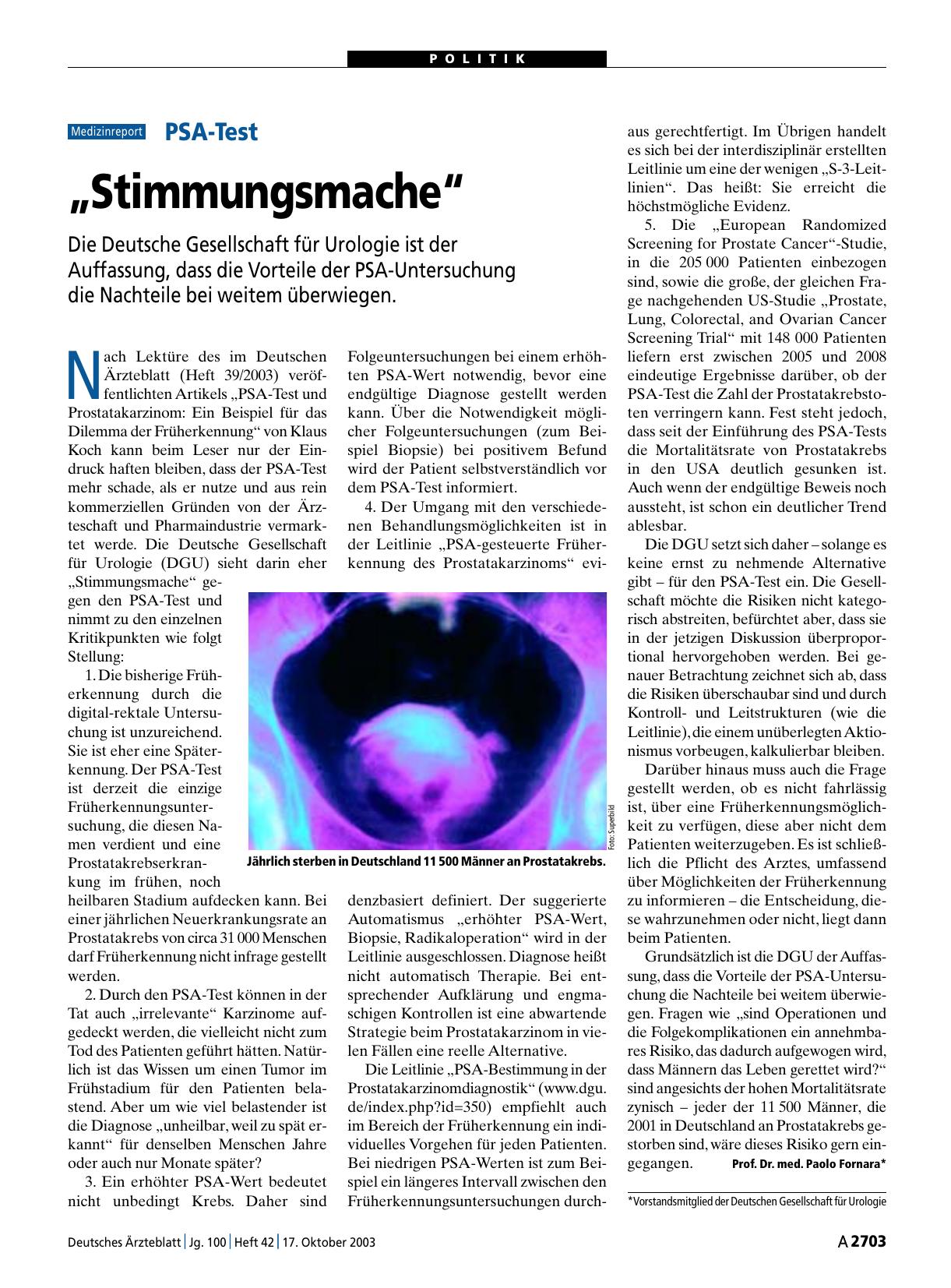 Vorschauseite 1: PSA-Test: „Stimmungsmache“