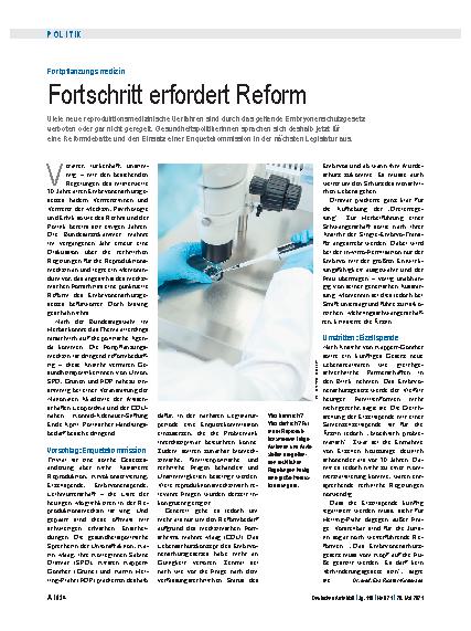 Vorschauseite 1: Fortpflanzungsmedizin: Fortschritt erfordert Reform