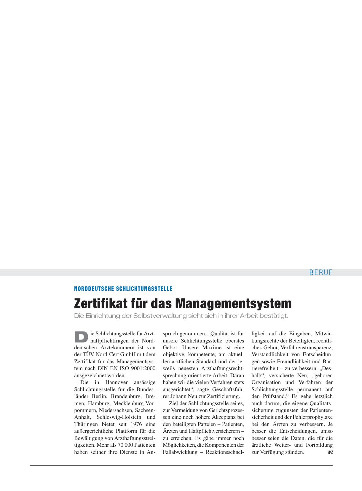 Vorschauseite 1: Norddeutsche Schlichtungsstelle: Zertifikat für das Managementsystem