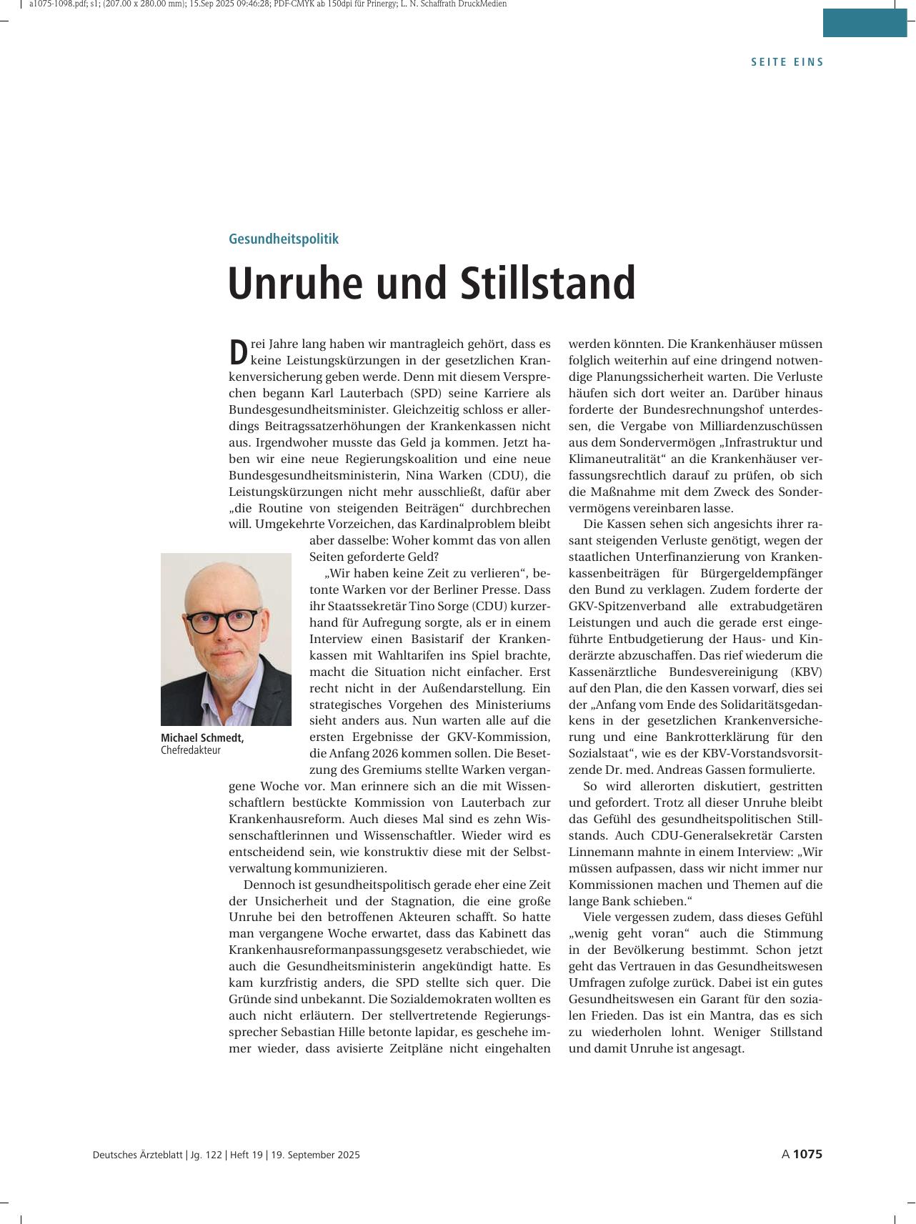 Vorschauseite 1: Gesundheitspolitik: Unruhe und Stillstand