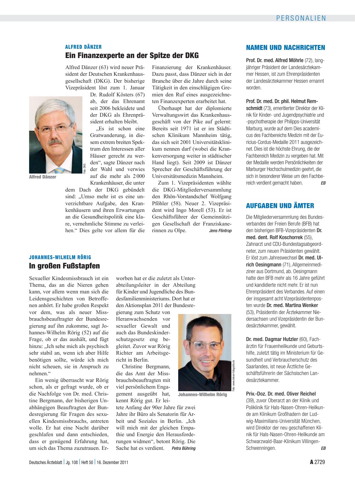 Vorschauseite 1: Alfred Dänzer: Ein Finanzexperte an der Spitze der DKG