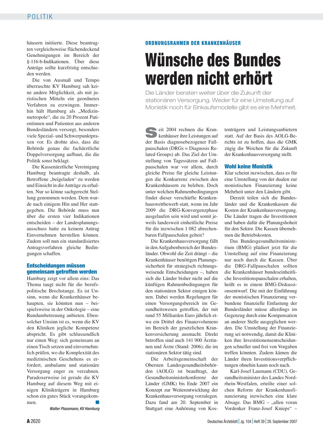 Vorschauseite 1: Ordnungsrahmen der Krankenhäuser: Wünsche des Bundes werden nicht erhört