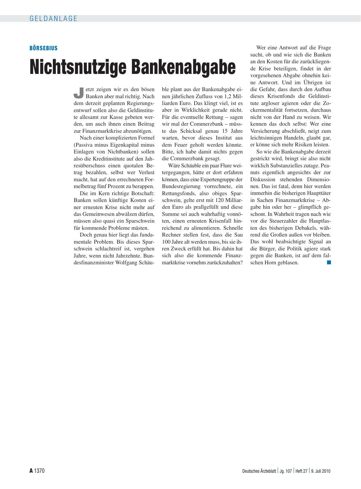 Vorschauseite 1: Börsebius: Nichtsnutzige Bankenabgabe