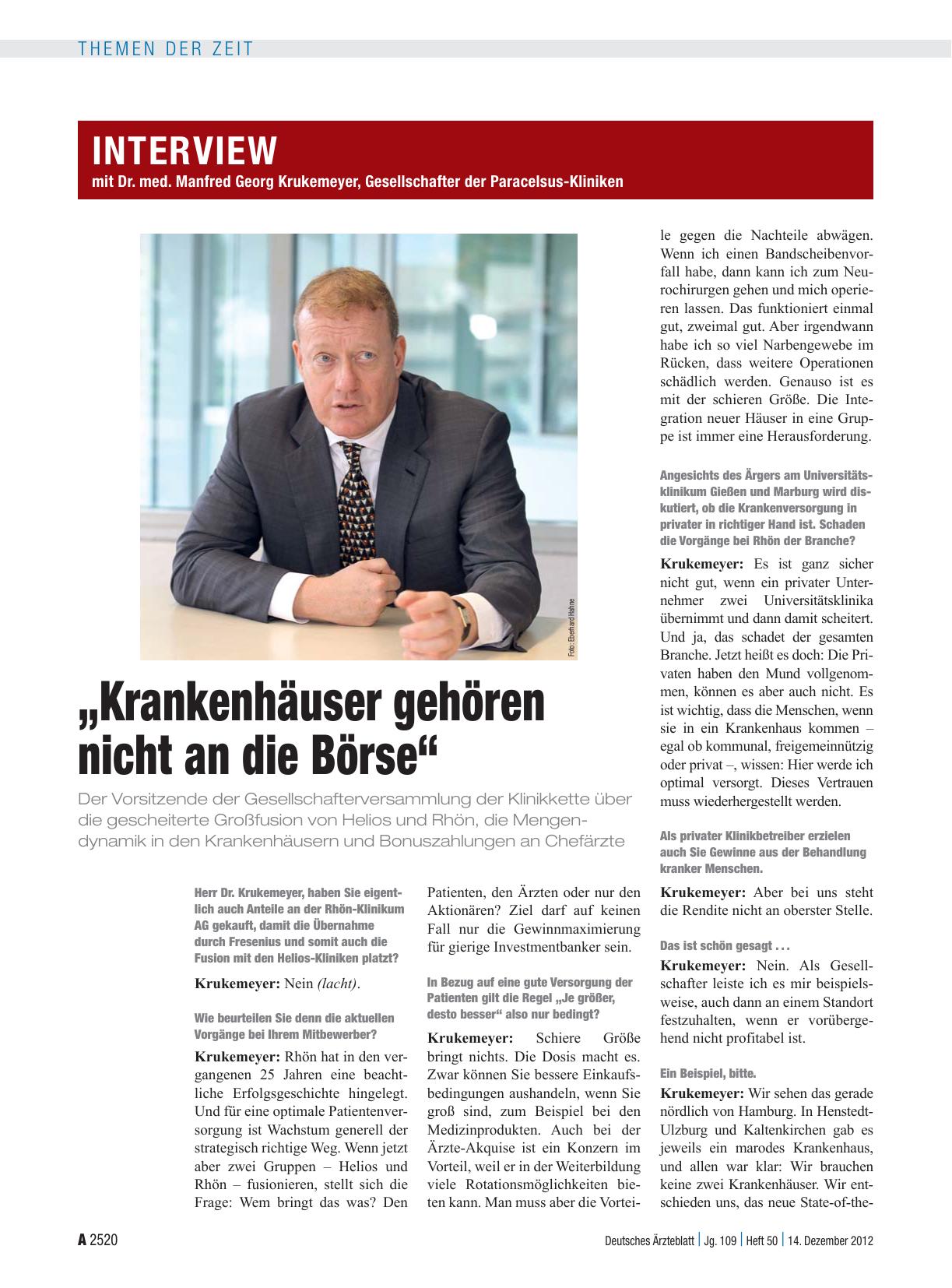 Vorschauseite 1: Interview mit Dr. med. Manfred Georg Krukemeyer, Gesellschafter der Paracelsus-Kliniken: „Krankenhäuser gehören nicht an die Börse“
