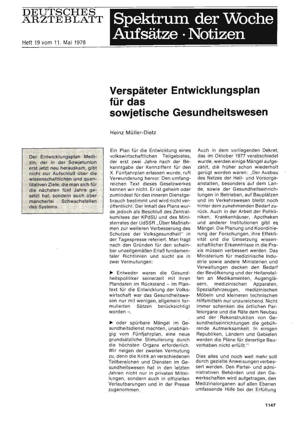 Vorschauseite 1: Verspäteter Entwicklungsplan für das sowjetische Gesundheitswesen