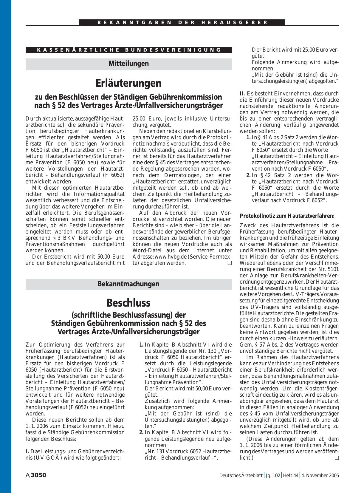 Vorschauseite 1: Bekanntmachungen: Beschluss (schriftliche Beschlussfassung) der Ständigen Gebührenkommission nach § 52 des Vertrages Ärzte-/Unfallversicherungsträger
