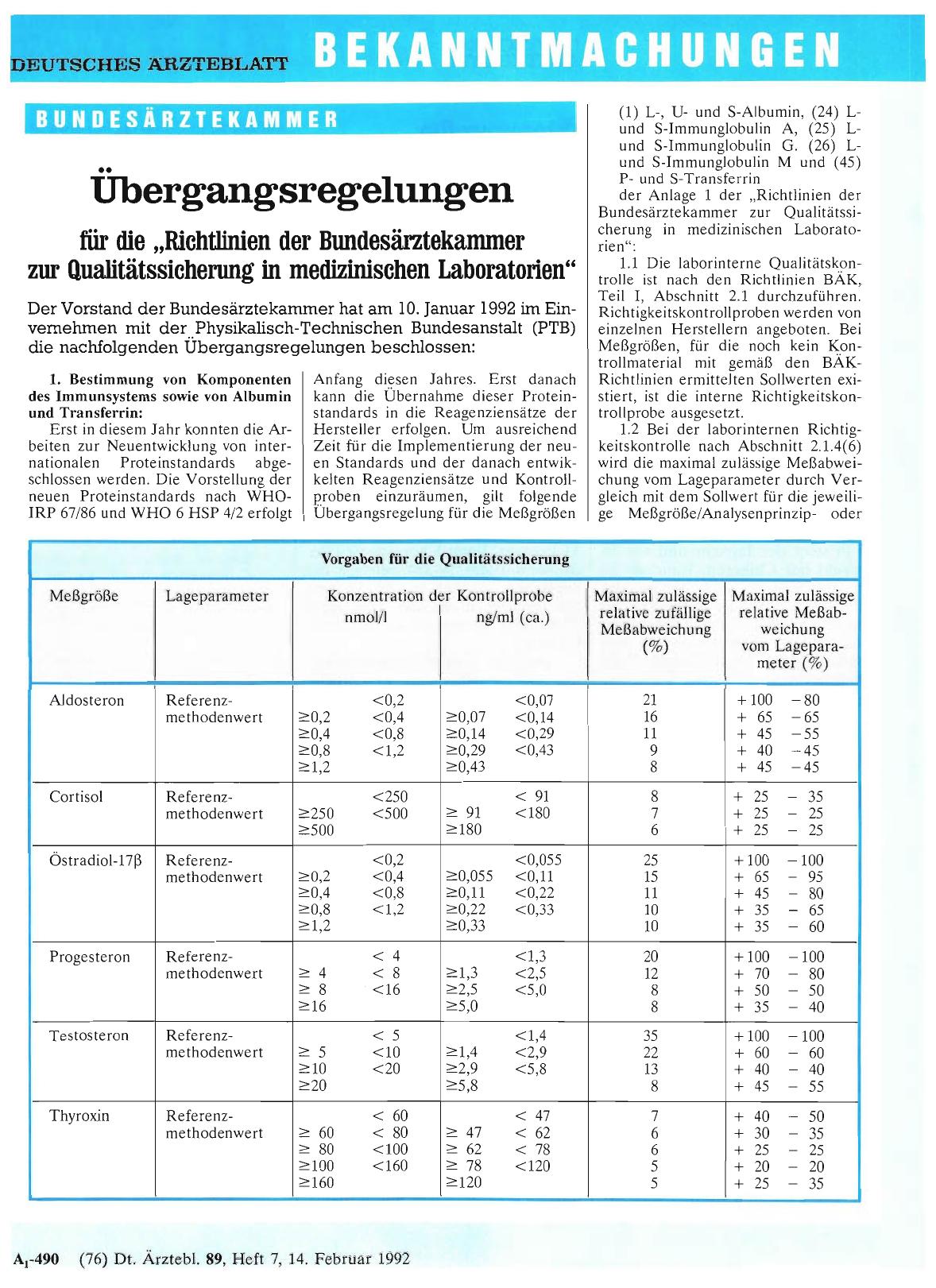 Vorschauseite 1: Übergangsregelungen für die „Richtlinien der Bundesärztekammer zur Qualitätssicherung in medizinischen Laboratorien“