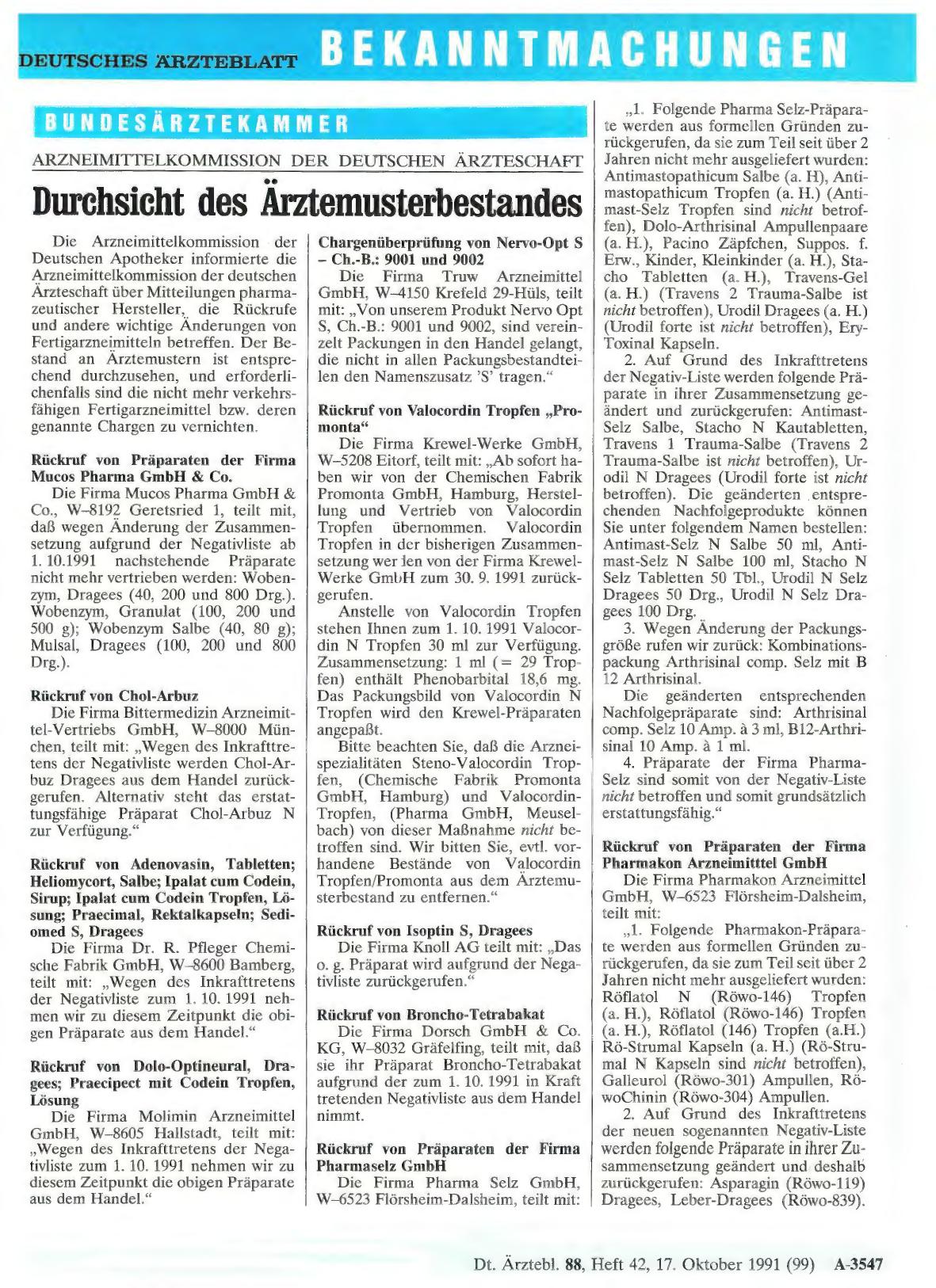 Vorschauseite 1: ARZNEIMITTELKOMMISSION DER DEUTSCHEN ÄRZTESCHAFT: Durchsicht des Ärztemusterbestandes