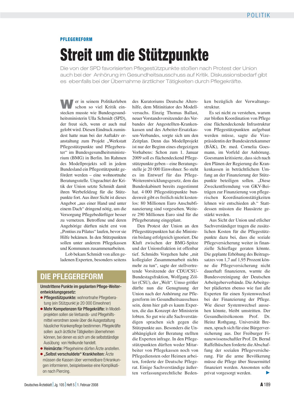 Vorschauseite 1: Pflegereform: Streit um die Stützpunkte
